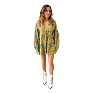 Sur La Vague Reed Yellow Floral Ruffle Long Sleeves Mini Dress minidress sz M